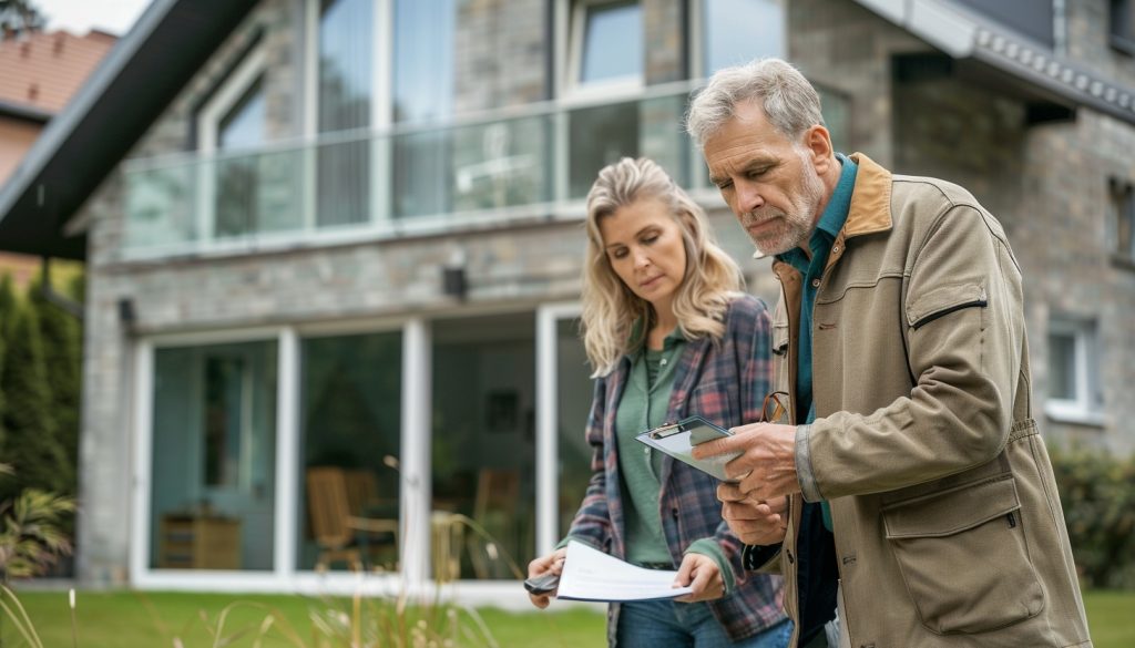 Investor discussing hard money loan terms with a real estate agent at the property site.