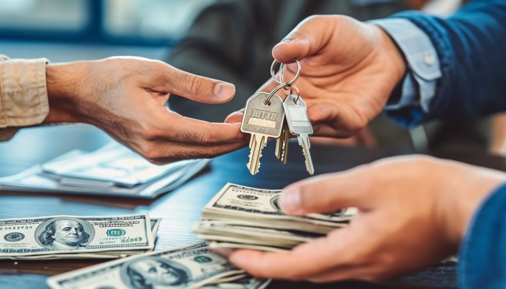 Close-up of a real estate transaction using private money loans, exchanging house keys with cash.