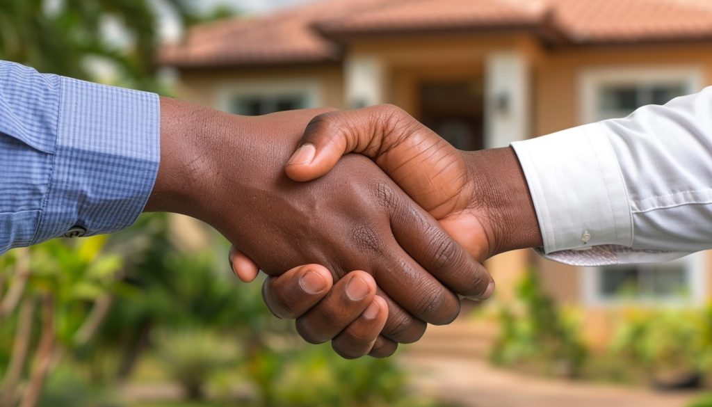 Real estate agent and client shaking hands after closing a deal through seller financing.