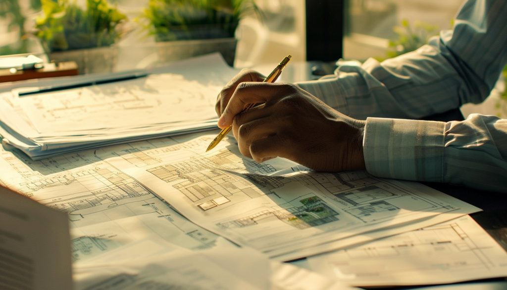 Expert real estate agent examining blueprints and financial documents for property valuation in California.